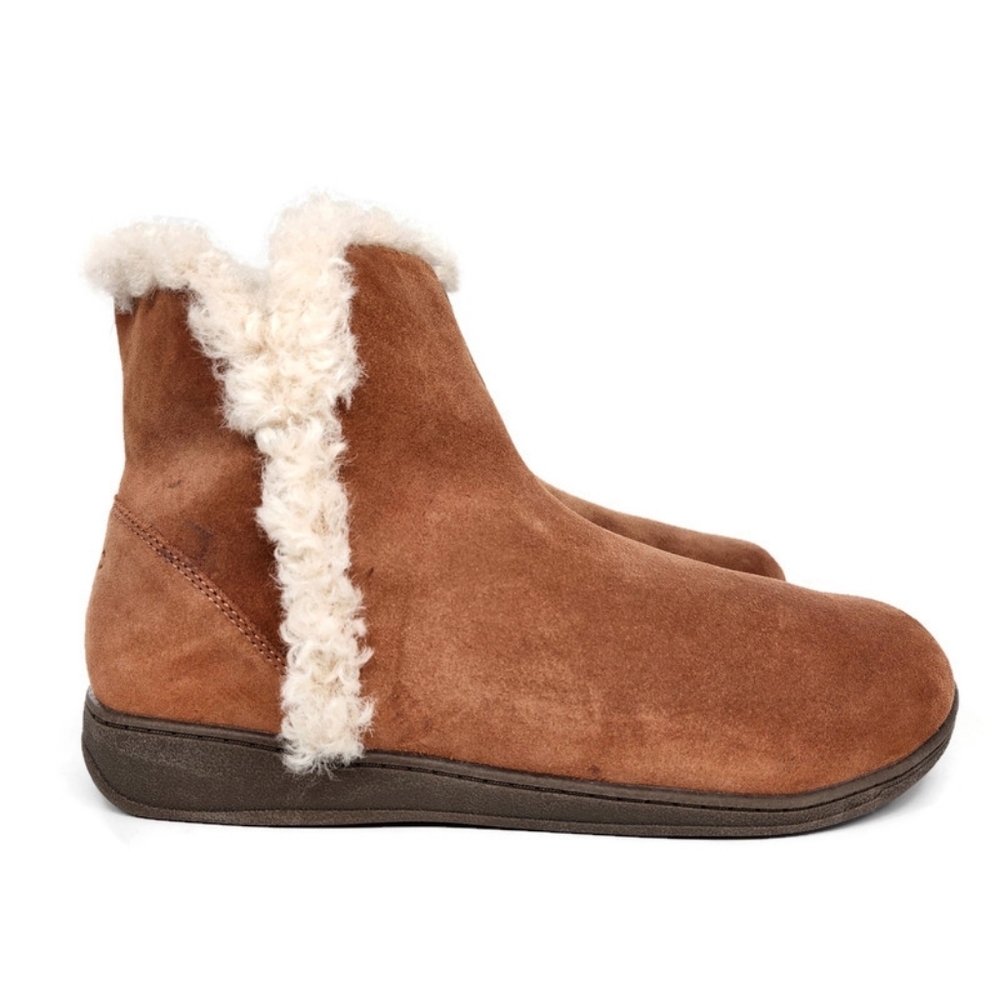 Vionic Unwind Tan Suede Faux Shearling Notched Sides Pull-On Flat Ankle Booties - Picture 6 of 14